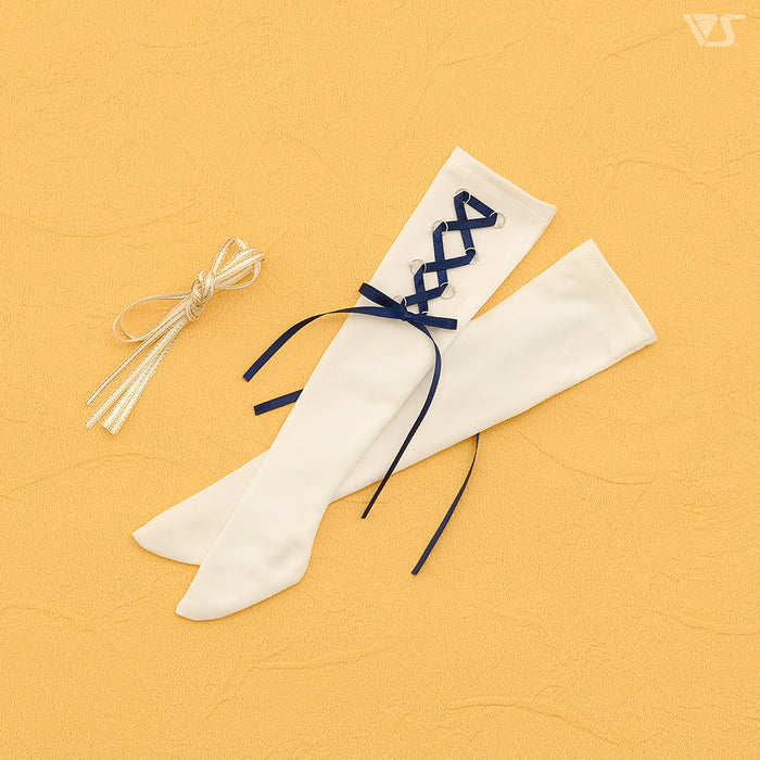 SDM Lace-up Socks / Mini (White / Navy & Gold Ribbon)
